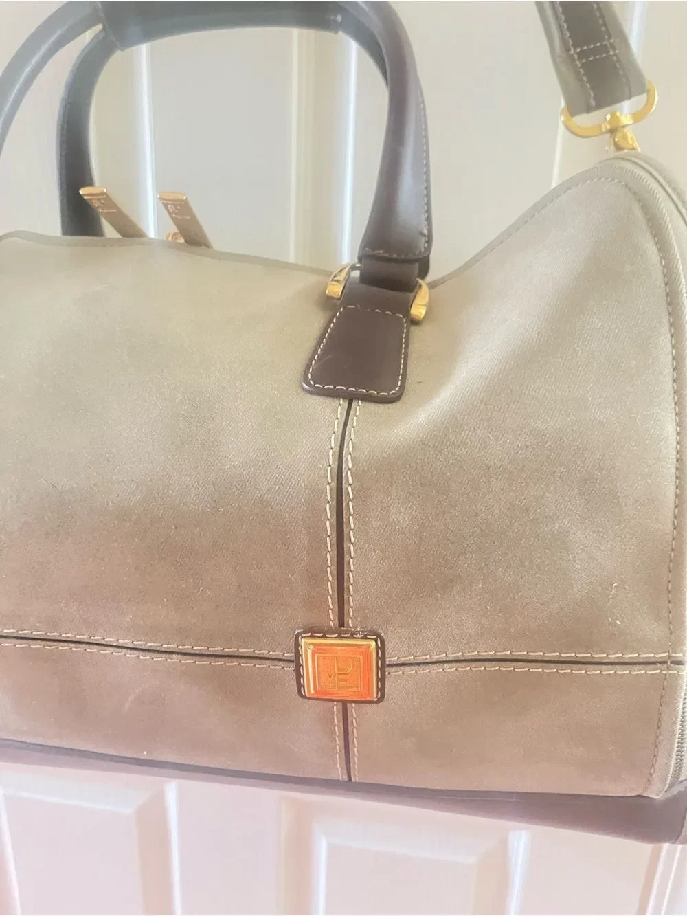 Diane Von Furstenberg  olive Green Fabric canvas duffel bag brown leather straps